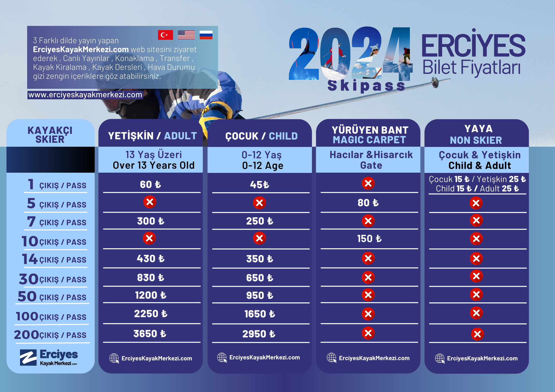 Bilet Ücretleri - 2024 Sezonu Bilet Fiyatları - Erciyes Kayak Merkezi